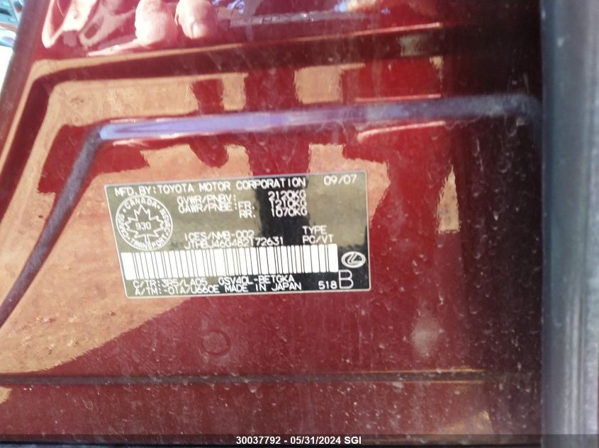 2008 Lexus Es 350 VIN: JTHBJ46G482172631 Lot: 30037792