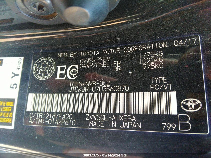 2017 Toyota Prius VIN: JTDKBRFU7H3560870 Lot: 30037375