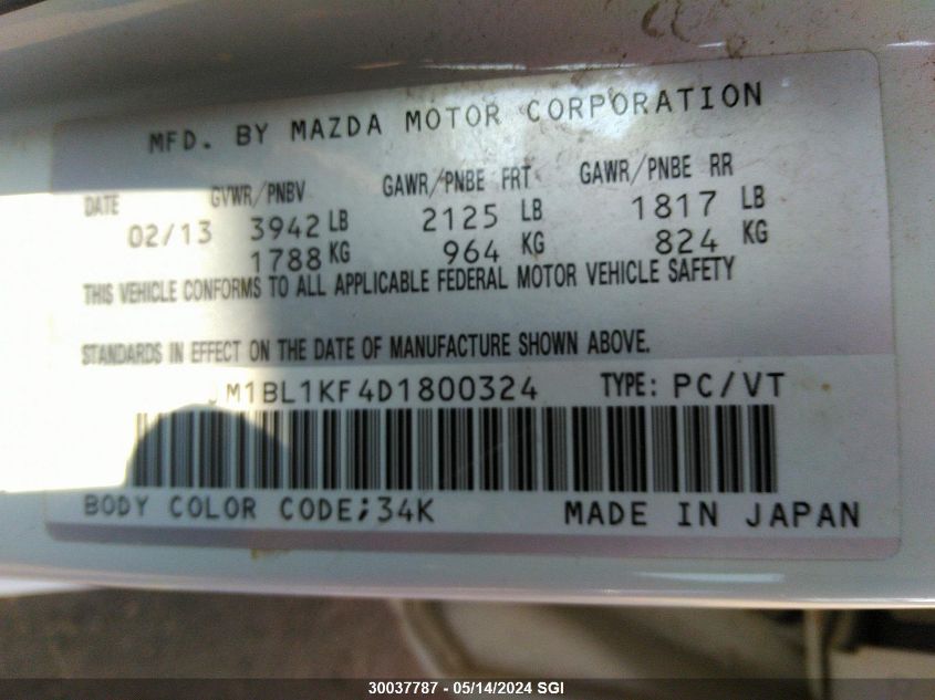 2013 Mazda 3 I VIN: JM1BL1KF4D1800324 Lot: 30037787