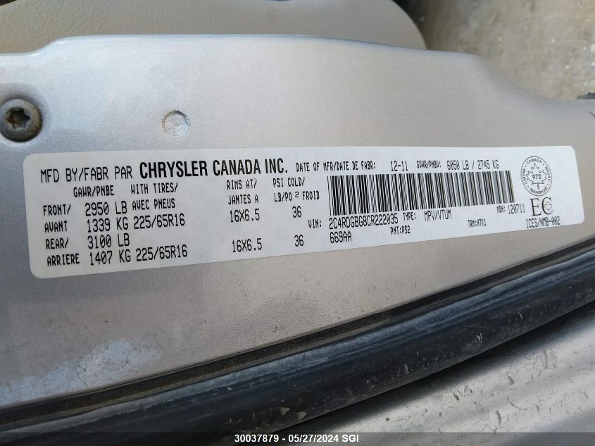 2012 Dodge Grand Caravan Se VIN: 2C4RDGBG8CR222035 Lot: 30037879