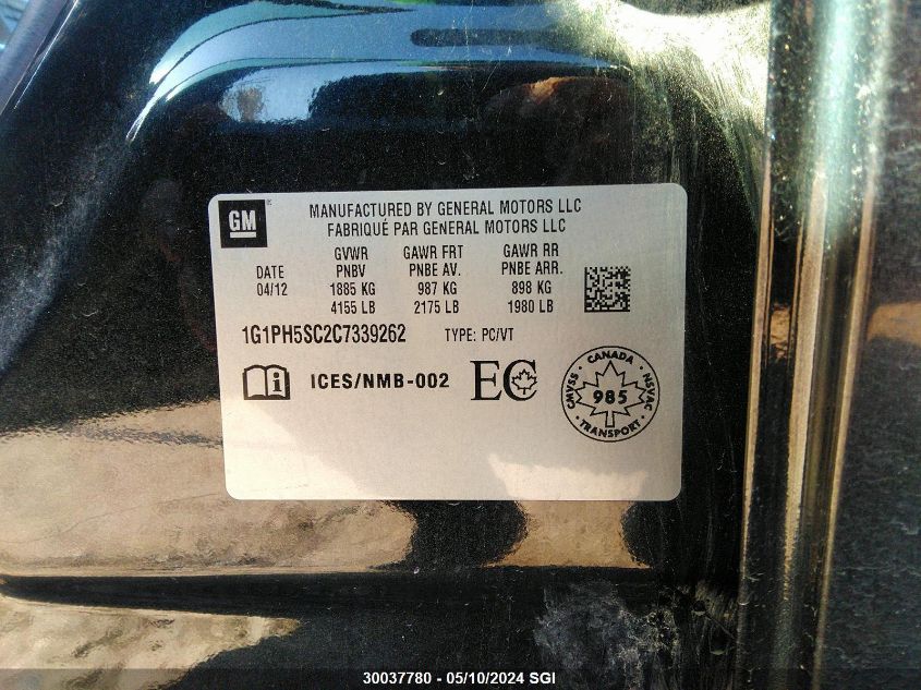 2012 Chevrolet Cruze Ltz VIN: 1G1PH5SC2C7339262 Lot: 30037780