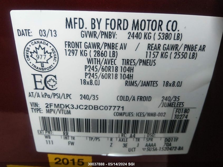 2013 Ford Edge Sel VIN: 2FMDK3JC2DBC07771 Lot: 30037888