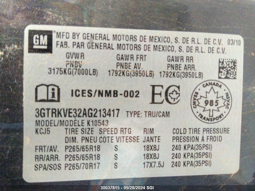 2010 GMC Sierra K1500 Sle VIN: 3GTRKVE32AG213417 Lot: 30037815