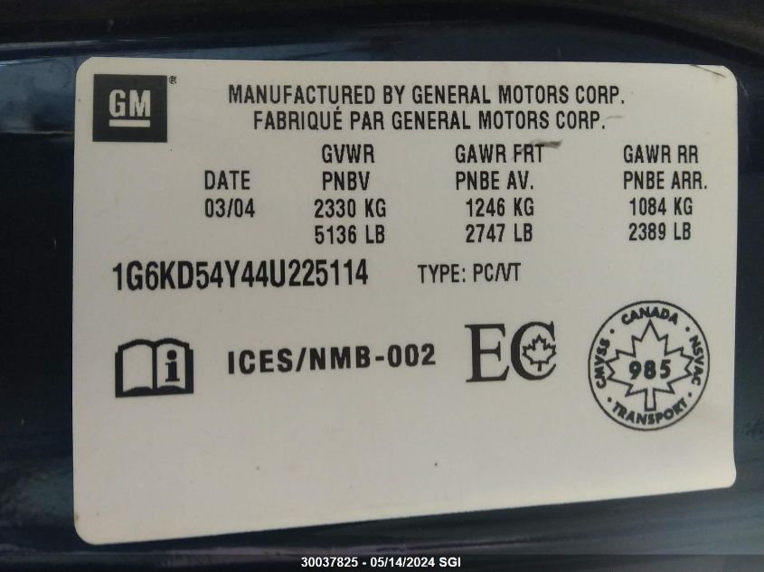 2004 Cadillac Deville VIN: 1G6KD54Y44U225114 Lot: 30037825