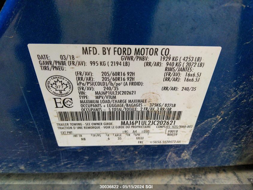 2018 Ford Ecosport Se VIN: MAJ6P1UL2JC202621 Lot: 30036622