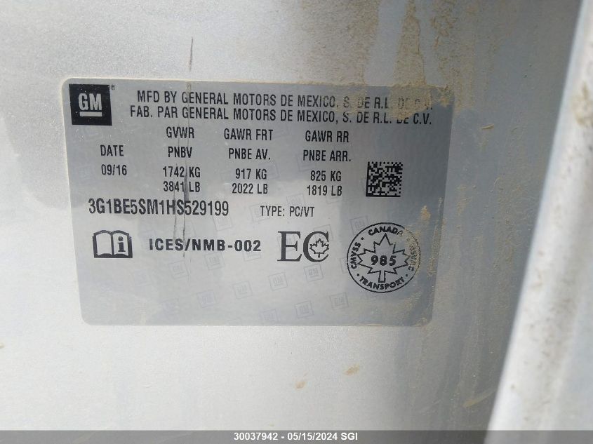 2017 Chevrolet Cruze Lt VIN: 3G1BE5SM1HS529199 Lot: 30037942