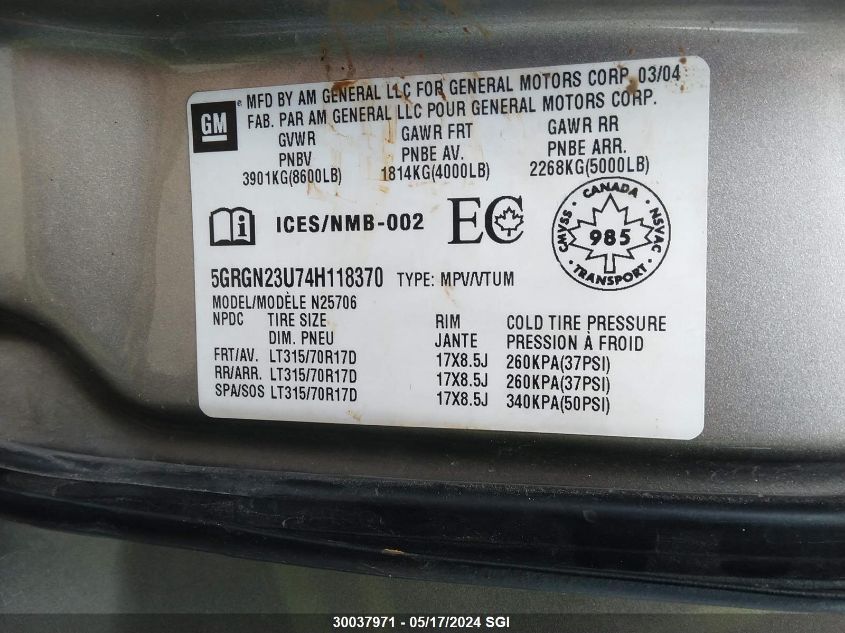 2004 Hummer H2 VIN: 5GRGN23U74H118370 Lot: 30037971