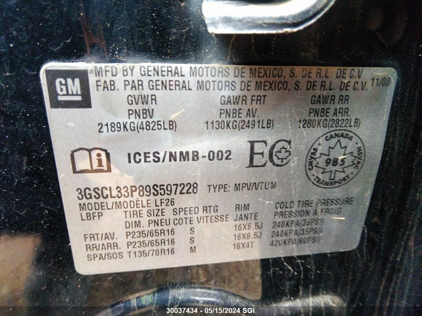 2009 Saturn Vue Xe VIN: 3GSCL33P89S597228 Lot: 30037434