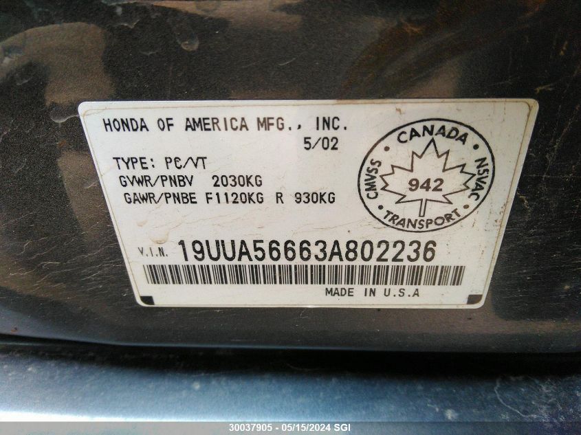 2003 Acura 3.2Tl VIN: 19UUA56663A802236 Lot: 30037905