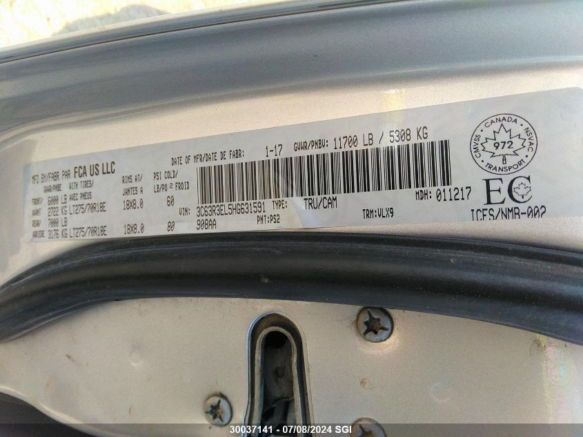 2017 Ram 3500 Laramie VIN: 3C63R3EL5HG631591 Lot: 30037141