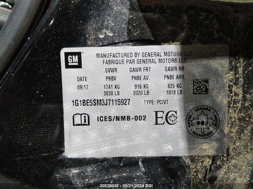 2018 Chevrolet Cruze Lt VIN: 1G1BE5SM3J7115927 Lot: 30038030