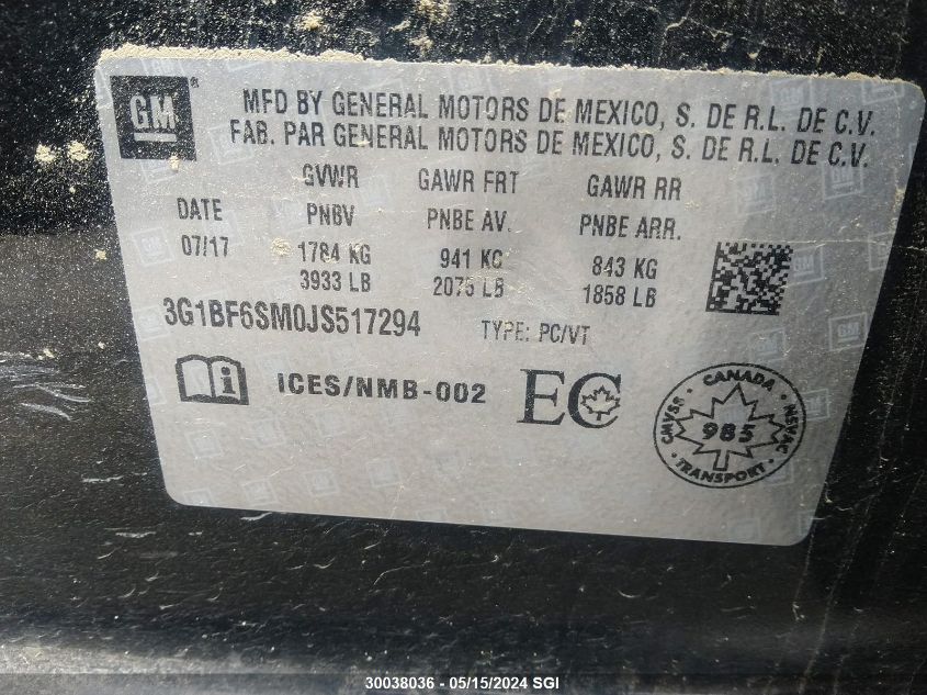 2018 Chevrolet Cruze Premier VIN: 3G1BF6SM0JS517294 Lot: 30038036