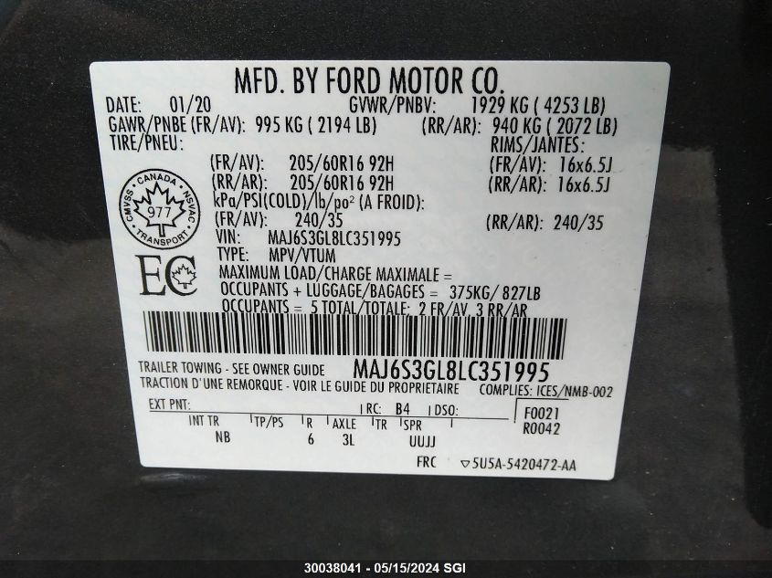 2020 Ford Ecosport Se VIN: MAJ6S3GL8LC351995 Lot: 30038041