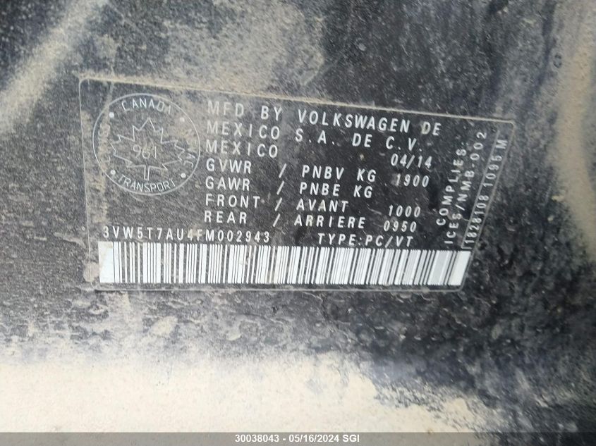 2015 Volkswagen Gti VIN: 3VW5T7AU4FM002943 Lot: 30038043