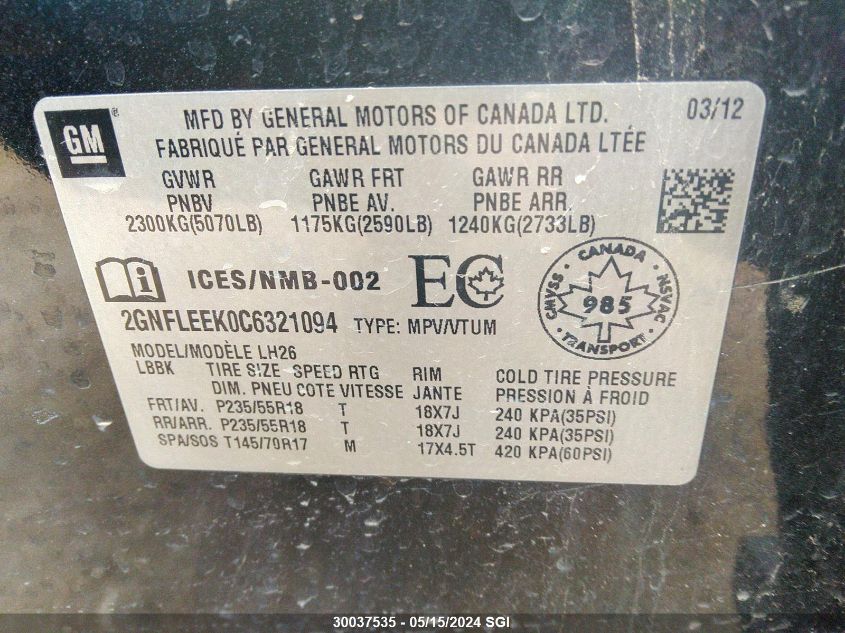 2012 Chevrolet Equinox Lt VIN: 2GNFLEEK0C6321094 Lot: 30037535