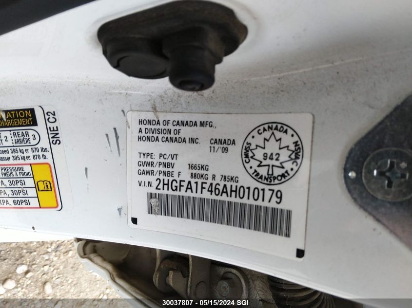 2010 Honda Civic Dx-G VIN: 2HGFA1F46AH010179 Lot: 30037807