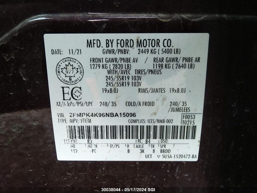 2022 Ford Edge Titanium VIN: 2FMPK4K96NBA15096 Lot: 30038044