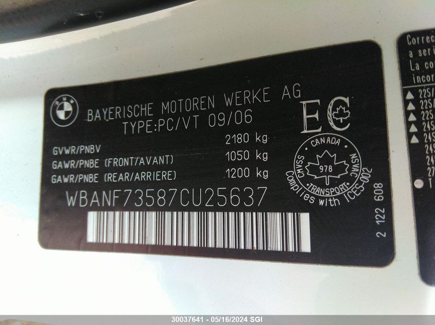 2007 BMW 530 Xi VIN: WBANF73587CU25637 Lot: 30037641