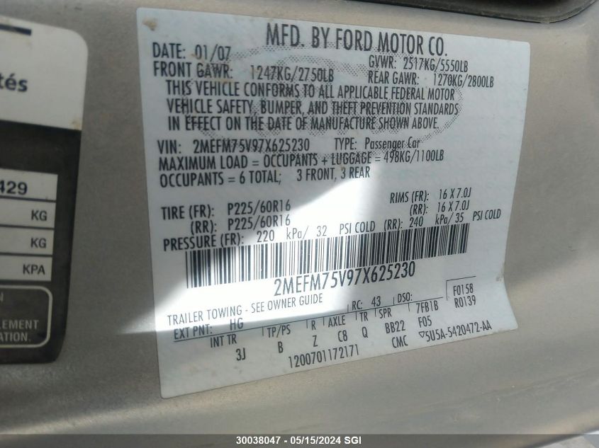 2007 Mercury Grand Marquis Ls VIN: 2MEFM75V97X625230 Lot: 30038047