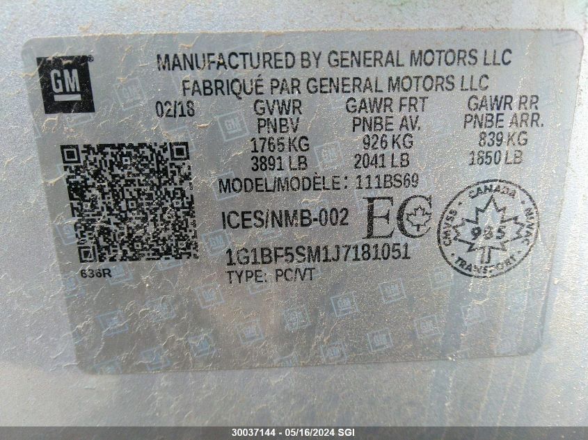 2018 Chevrolet Cruze Premier VIN: 1G1BF5SM1J7181051 Lot: 30037144