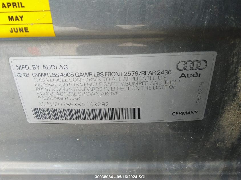 2008 Audi A4 S-Line 3.2 Quattro VIN: WAUEH78E38A143292 Lot: 30038064