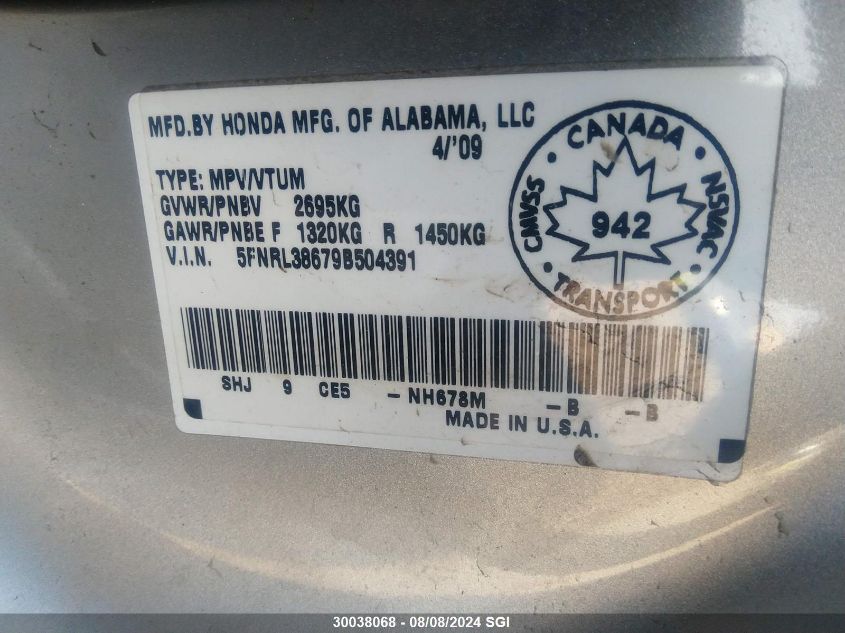 2009 Honda Odyssey Exl VIN: 5FNRL38679B504391 Lot: 30038068