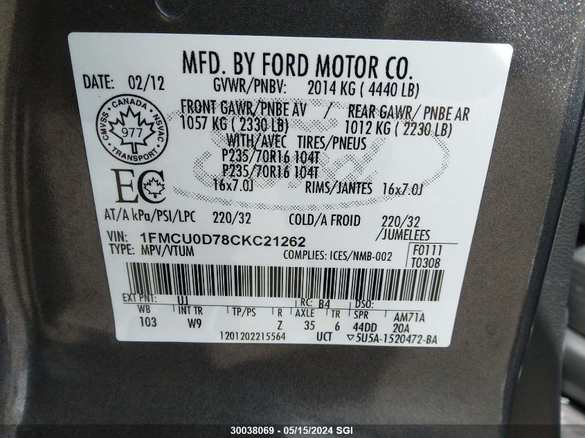 2012 Ford Escape Xlt VIN: 1FMCU0D78CKC21262 Lot: 30038069