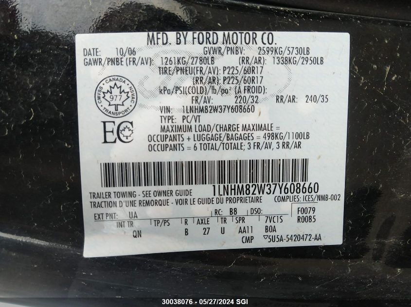 2007 Lincoln Town Car Signature Limited VIN: 1LNHM82W37Y608660 Lot: 30038076