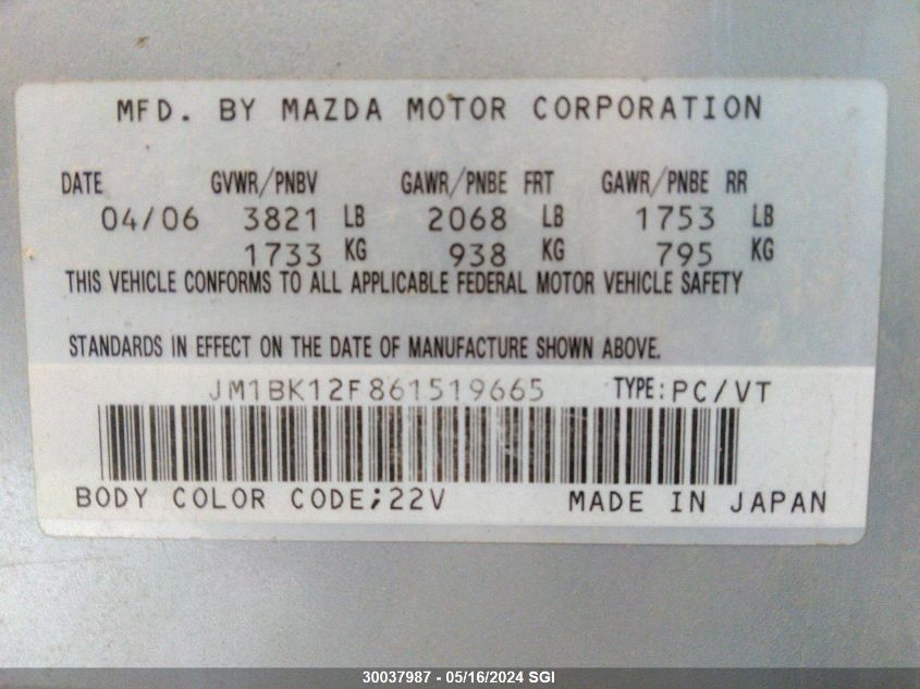 2006 Mazda 3 I VIN: JM1BK12F861519665 Lot: 30037987