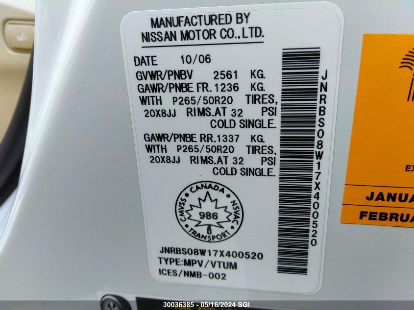 2007 Infiniti Fx45 VIN: JNRBS08W17X400520 Lot: 30036385