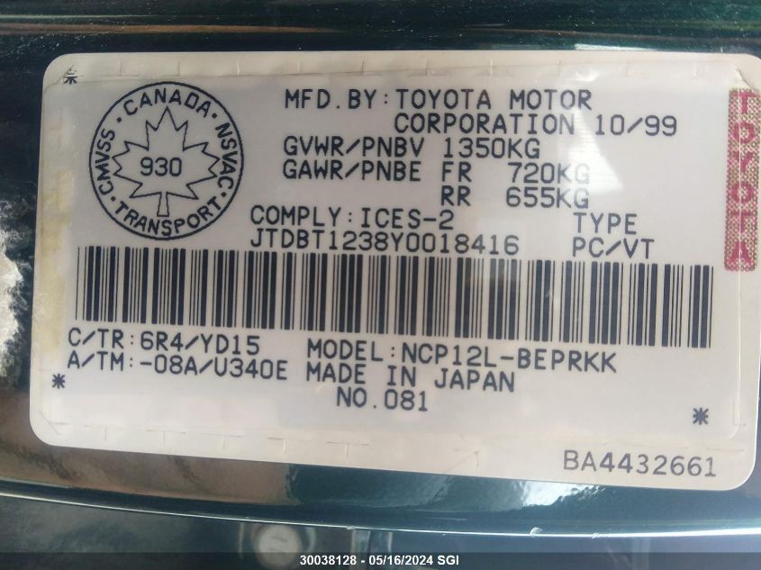 2000 Toyota Echo VIN: JTDBT1238Y0018416 Lot: 30038128