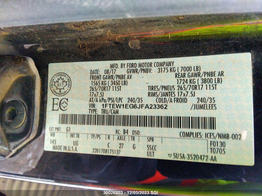 2018 Ford F150 Supercrew VIN: 1FTEW1EG6JFA23362 Lot: 30026803