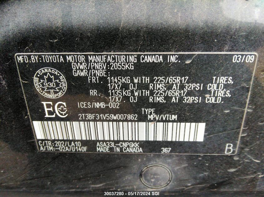 2009 Toyota Rav4 Limited VIN: 2T3BF31V59W007862 Lot: 30037280