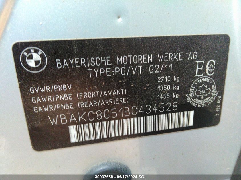 2011 BMW 750 Lxi VIN: WBAKC8C51BC434528 Lot: 30037558