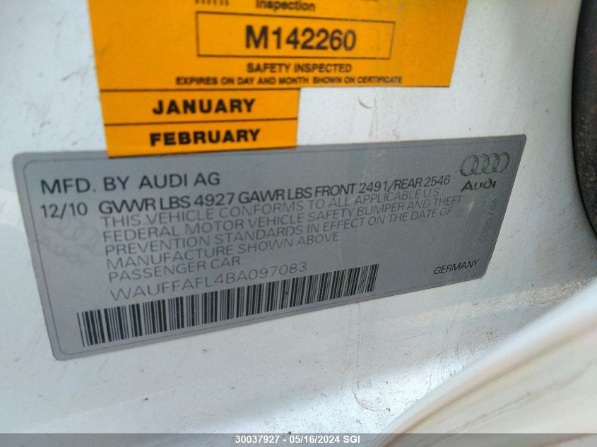 2011 Audi A4 Premium Plus VIN: WAUFFAFL4BA097083 Lot: 30037927