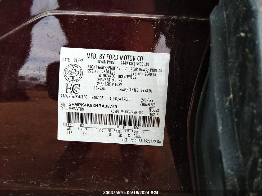 2022 Ford Edge Titanium VIN: 2FMPK4K93NBA38769 Lot: 30037559