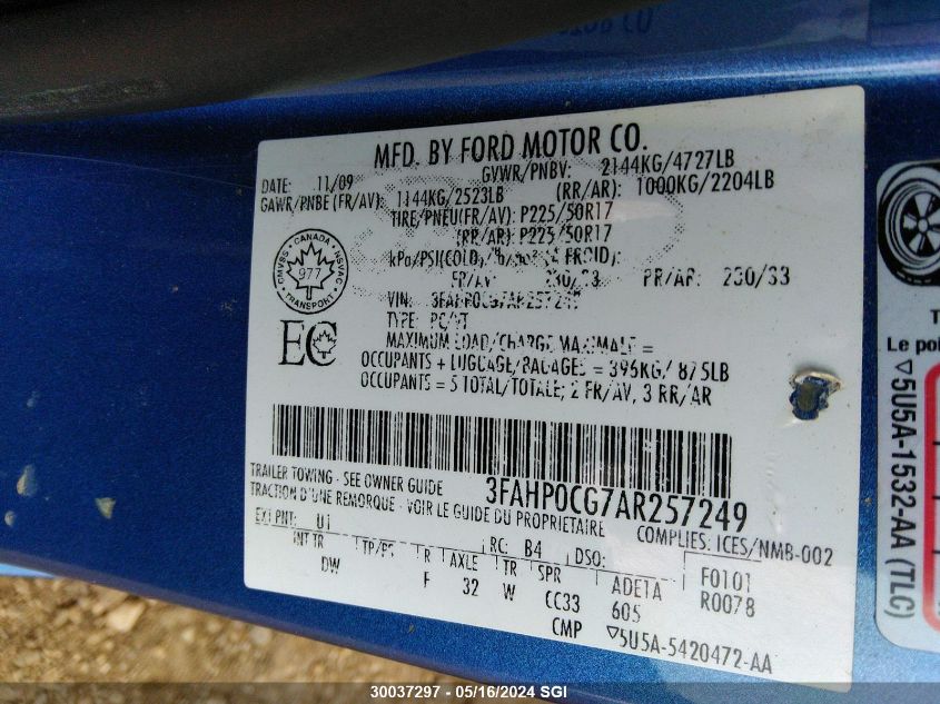 2010 Ford Fusion Sel VIN: 3FAHP0CG7AR257249 Lot: 30037297