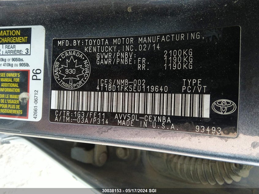 2014 Toyota Camry Hybrid/Le/Xle VIN: 4T1BD1FK5EU119640 Lot: 30038153