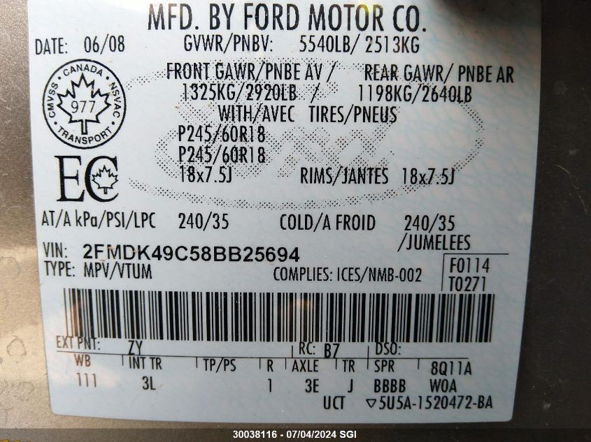 2008 Ford Edge Limited VIN: 2FMDK49C58BB25694 Lot: 30038116