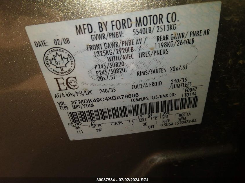 2008 Ford Edge Limited VIN: 2FMDK49C48BA79808 Lot: 30037534