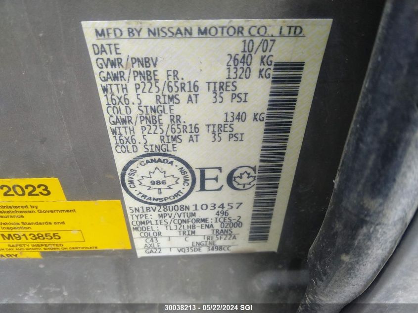 2008 Nissan Quest S/Se/Sl VIN: 5N1BV28U08N103457 Lot: 30038213