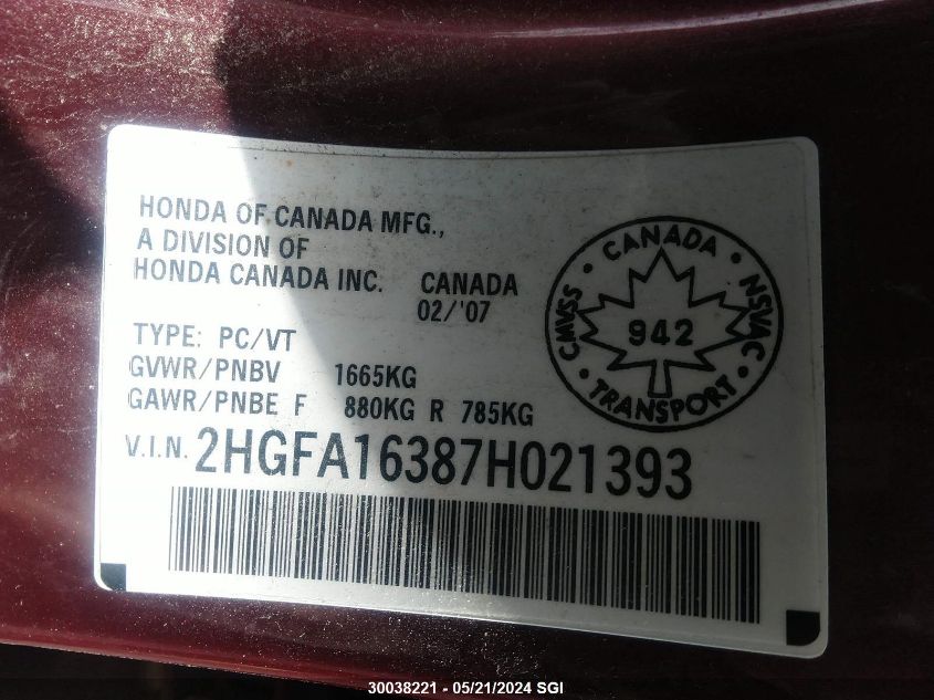 2007 Honda Civic Dx VIN: 2HGFA16387H021393 Lot: 30038221