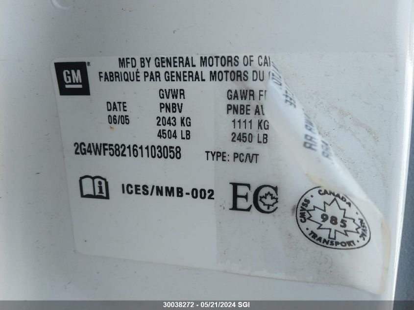 2006 Buick Allure Cx VIN: 2G4WF582161103058 Lot: 30038272