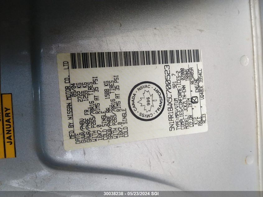 2005 Nissan Pathfinder Le/Se/Xe VIN: 5N1AR18WX5C700523 Lot: 30038238