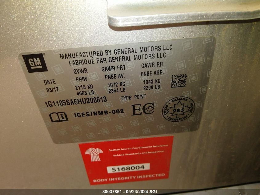 2017 Chevrolet Impala Lt VIN: 1G1105SA6HU200613 Lot: 30037861