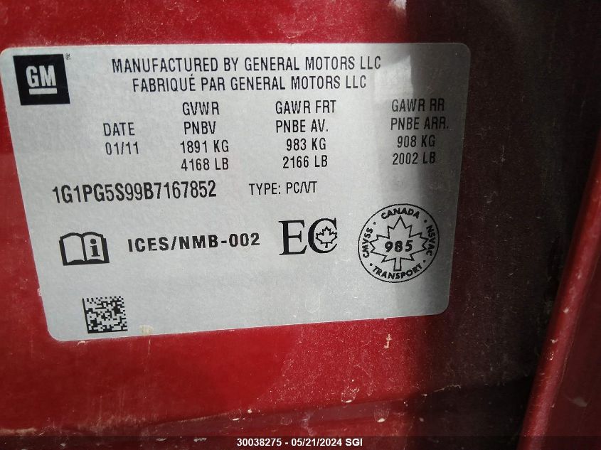 2011 Chevrolet Cruze Lt VIN: 1G1PG5S99B7167852 Lot: 30038275