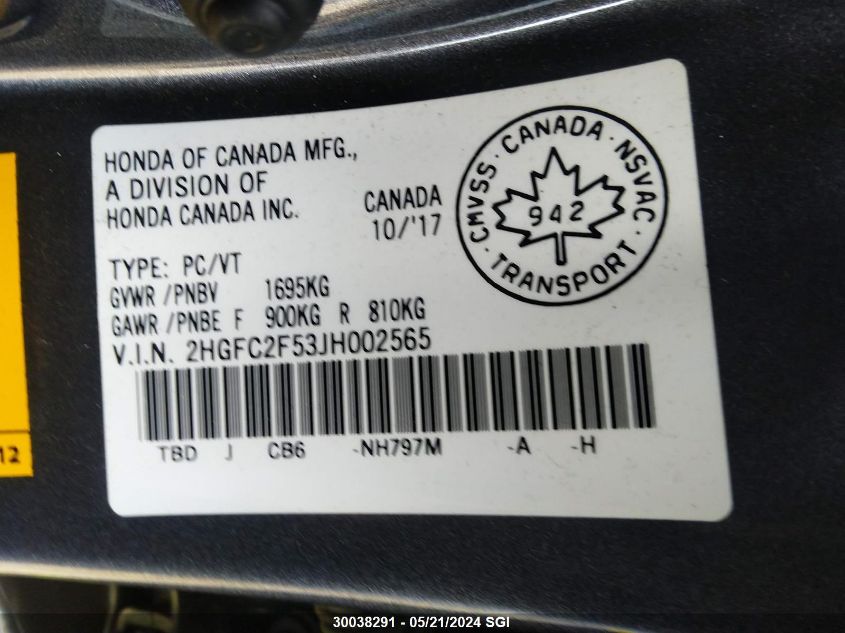 2018 Honda Civic Lx VIN: 2HGFC2F53JH002565 Lot: 30038291