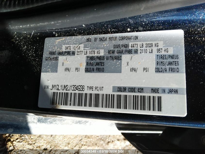 2018 Mazda 6 Sport VIN: JM1GL1UM2J1334938 Lot: 30034348