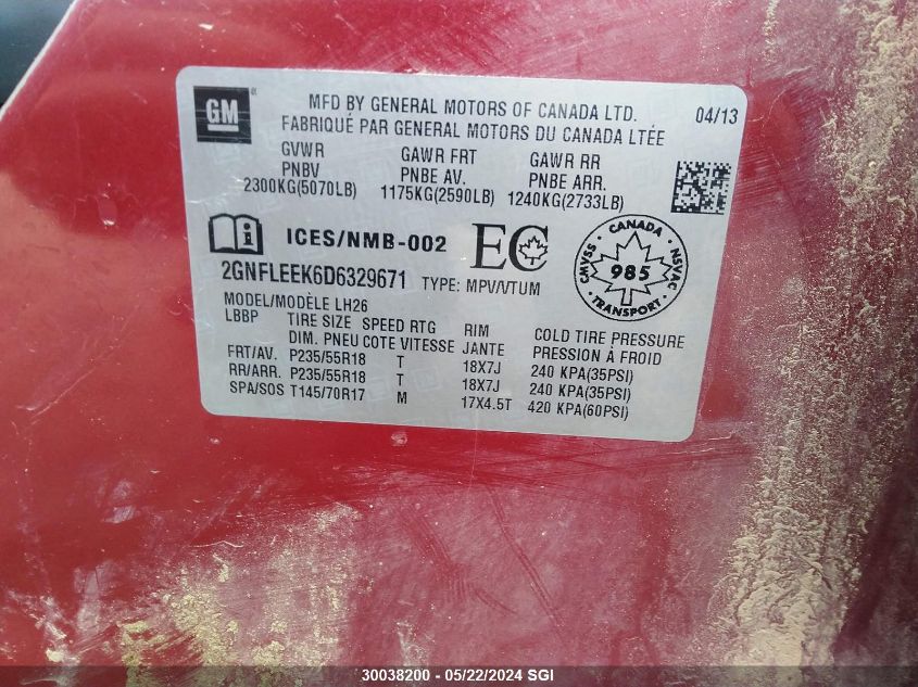 2013 Chevrolet Equinox Lt VIN: 2GNFLEEK6D6329671 Lot: 30038200