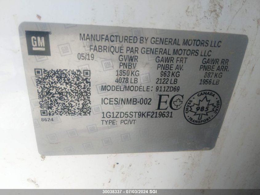 2019 Chevrolet Malibu Lt VIN: 1G1ZD5ST9KF219631 Lot: 30038337